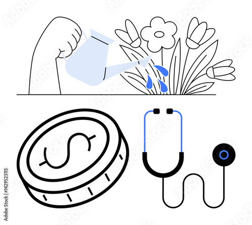 Hand holding watering can sprinkling flowers, coin with dollar sign, and stethoscope symbolizing growth, investment, health, and care. Ideal for finance, healthcare, sustainability self-growth