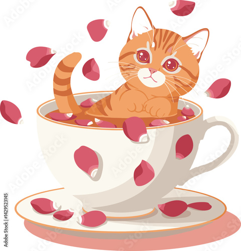 Cute orange tabby kitten sitting in white teacup with rose petals falling around vector illustration 