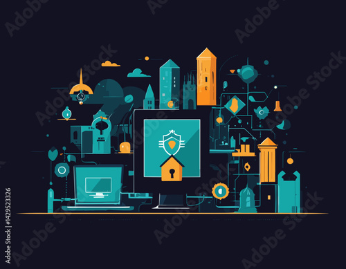 Digital Fortress: Abstract Cybersecurity Vector Illustration