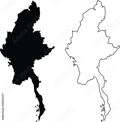 Map of Myanmar Silhouette Flat and Outline Design