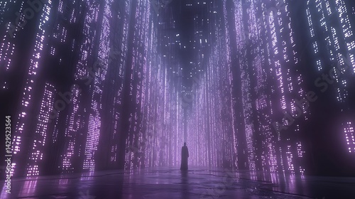 Mystical digital corridor with glowing code