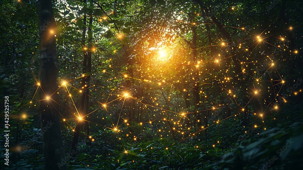Naklejka premium Mystical forest illuminated by glowing lights
