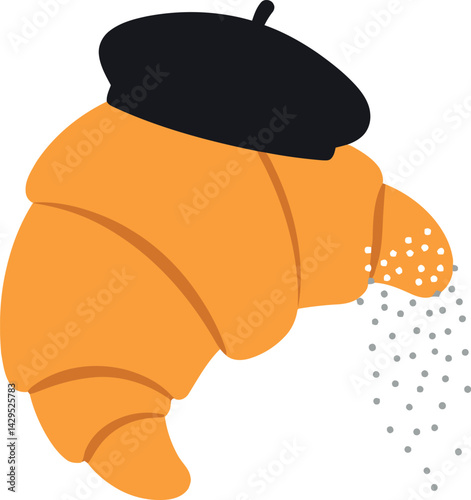 Croissant with black beret and powdered sugar minimalist vector illustration design 
