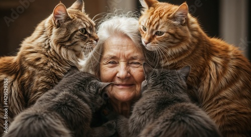 Elderly woman smiling surrounded by affectionate cats  