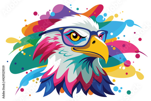 Colorful artistic bald eagle  in with   colorful paint splatters on white background.