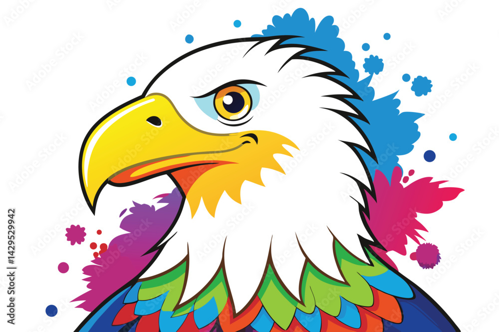 Obraz premium Colorful artistic bald eagle in with colorful paint splatters on white background.