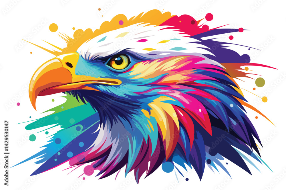 Fototapeta premium Colorful artistic bald eagle in with colorful paint splatters on white background.