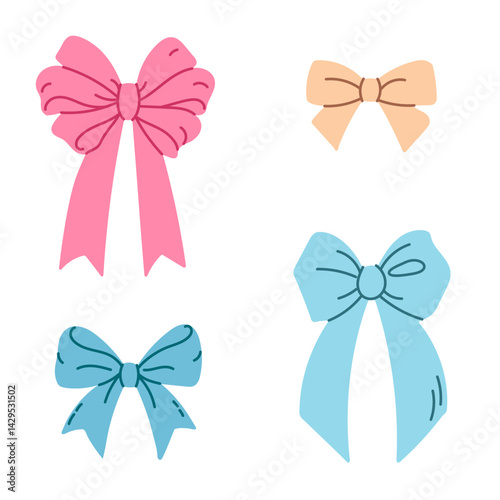 Colorful set of decorative bows with long and short ribbons in pastel pink, blue and beige, isolated on white