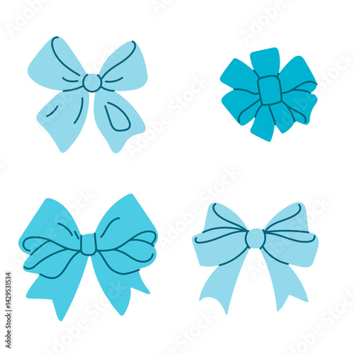 Blue ribbon bow collection showing variety of forms including long tails, round styles, and folded loops