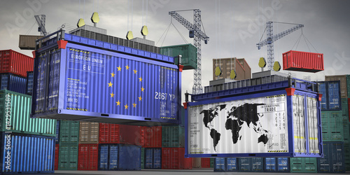 Fototapeta Naklejka Na Ścianę i Meble -  Flags of European Union and world map on cargo containers - international trade concept - 3D illustration