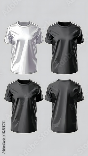 Four stylish short sleeve t shirts two black and two white perfect for design mockups displayed against a neutral background