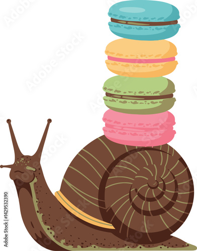 Snail carrying colorful macarons stacked on shell whimsical food dessert vector illustration 