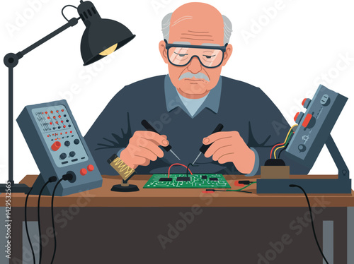 Elderly man repairing electronic circuit board with tools and lamp vector illustration 