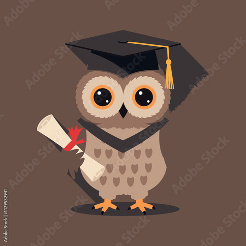 Owl holding diploma wearing graduation cap and gown vector illustration in brown background 