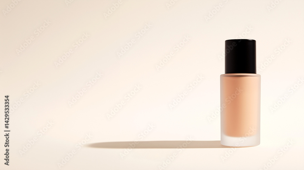 Liquid foundation bottle in ochre tone with black cap on beige background with copy space