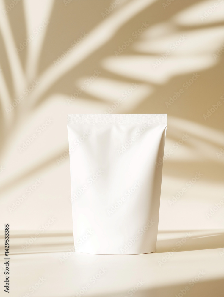 White pouch bag mockup on beige background with botanical light reflections