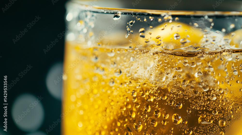 Macro view of melting ice in a glass of lemonade, condensation forming.