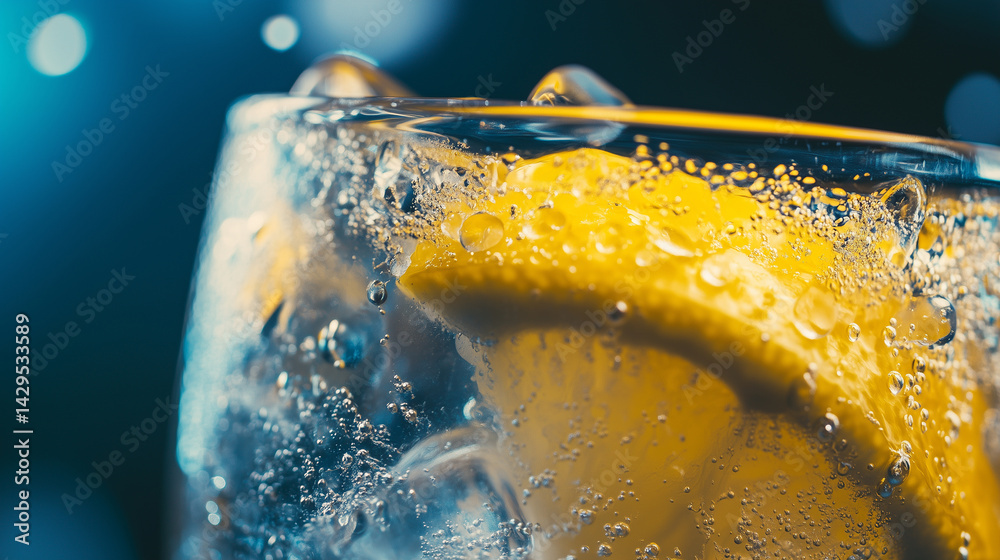 Macro view of melting ice in a glass of lemonade, condensation forming.