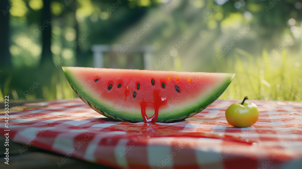 Detailed shot of a watermelon slice dripping juice on a summer picnic table.