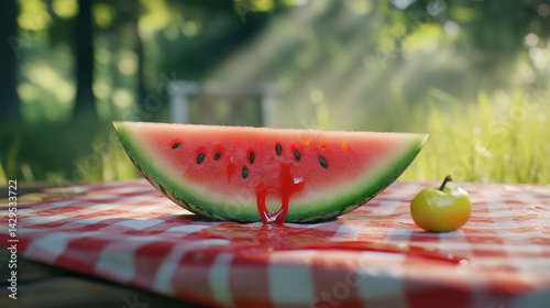Obraz na płótnie Detailed shot of a watermelon slice dripping juice on a summer picnic table. w salonie