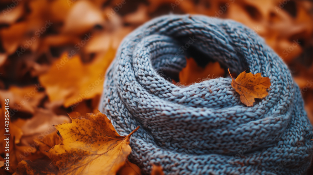 Close-up of a knitted scarf against a backdrop of swirling autumn leaves.