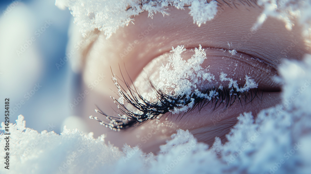 Close-up of snowflakes clinging to eyelashes in a winter breeze.