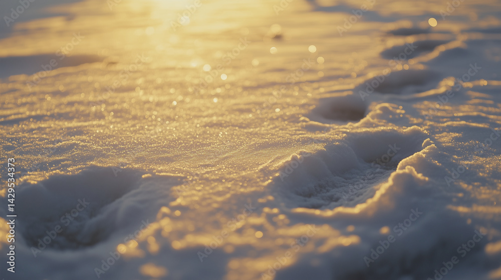Detailed shot of footprints in fresh snow under soft winter light.