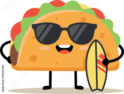 Taco character with sunglasses holding surfboard cartoon vector illustration fun summer design 