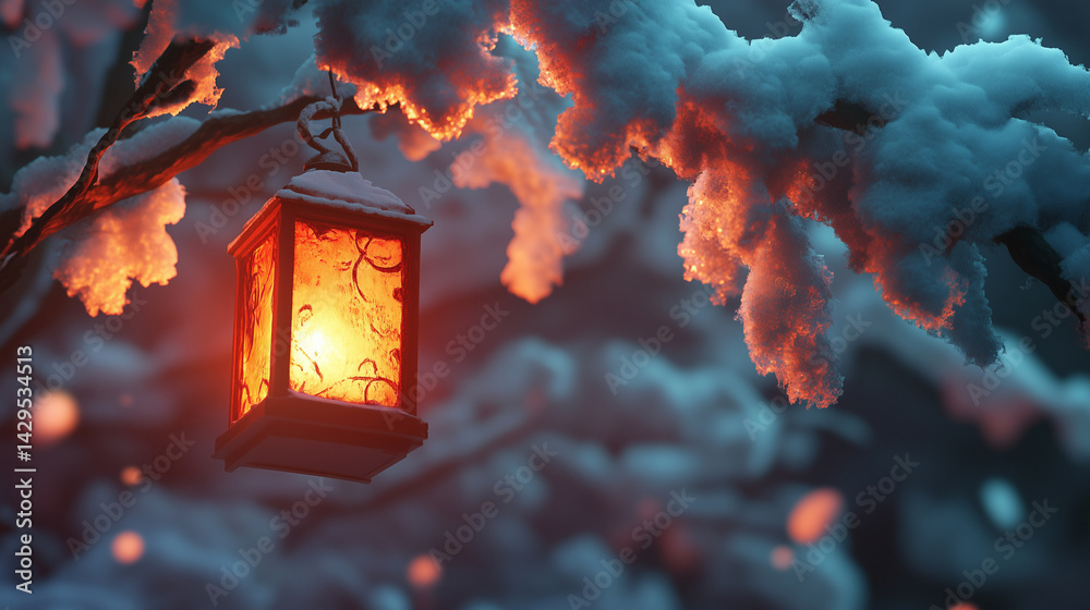 Close-up of a glowing lantern hanging from a snow-covered branch.