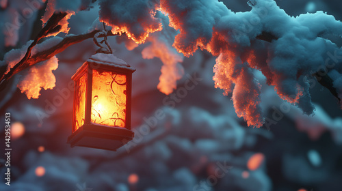 Obraz na płótnie Close-up of a glowing lantern hanging from a snow-covered branch. w salonie