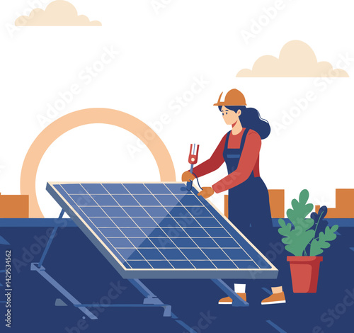 Woman installing solar panel on rooftop with greenery and blue sky vector illustration 