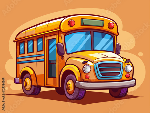 A cartoon vector of a cheerful school bus with minimal details, placed on a soft orange background