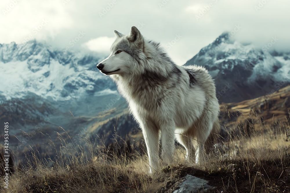 Fototapeta premium stunning dire wolf in breathtaking mountain landscape view 
