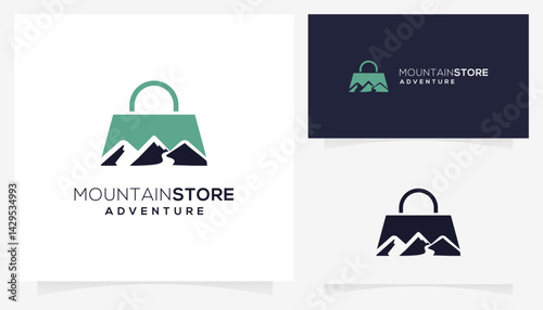 Abstract mountain store logo design ideas. Creative vector shopping bag and mountain, illustration based icon template.