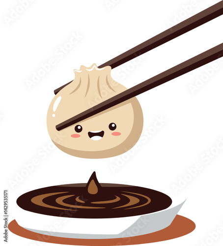 Cute dumpling with chopsticks dipping into soy sauce vector illustration food theme 