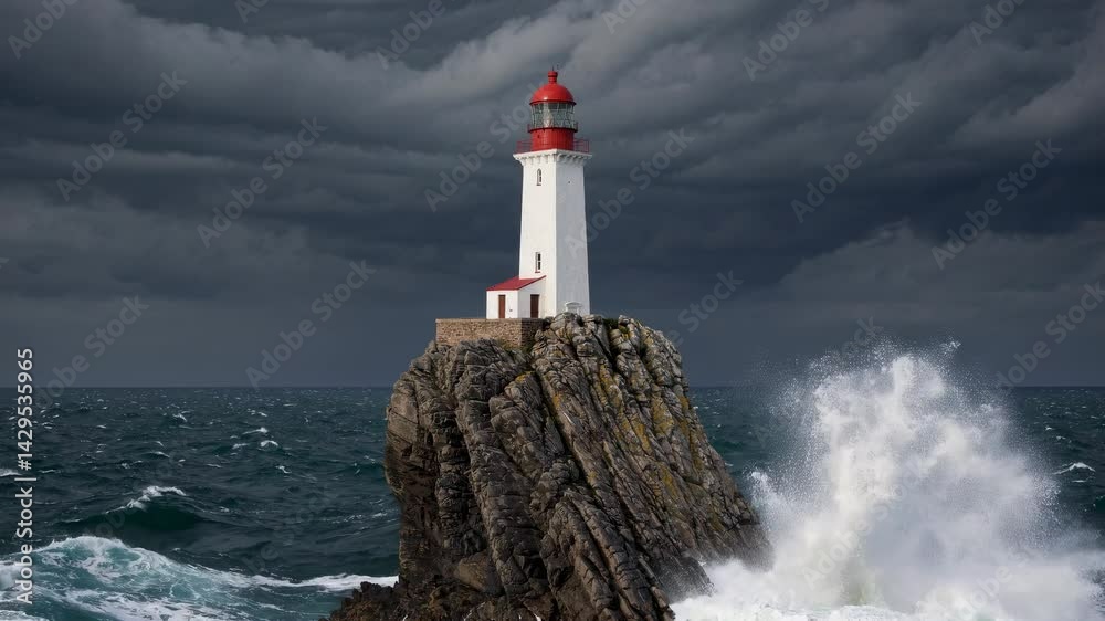 Majestic lighthouse against stormy sea and sky with crashing waves