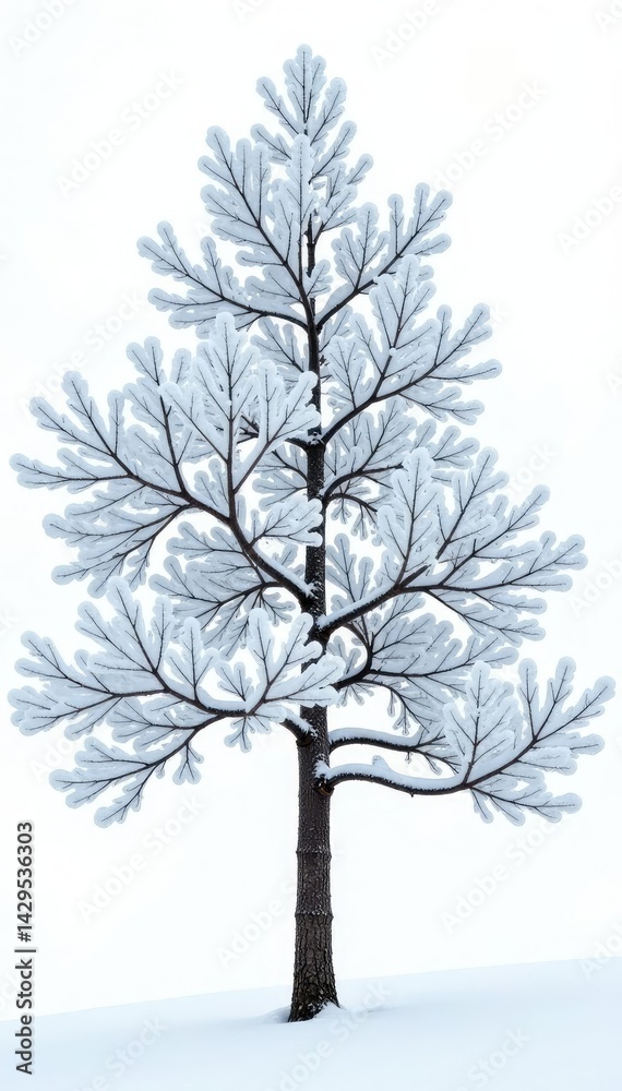 Obraz premium Snowy tree branches against a white background with delicate frost formation, snow, trees, frozen