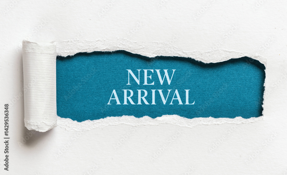 New arrival text on blue background with torn paper edge advertising and promotion concept with copy space