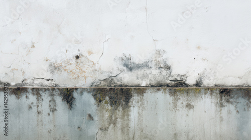 Peeling concrete wall with signs of water erosion and moss growth