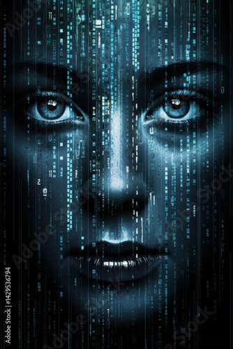 A futuristic cyber woman with glowing blue eyes and digital circuit board pattern in the background