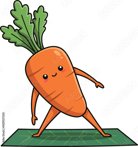 Cartoon carrot character exercising on green mat with happy face vector illustration 