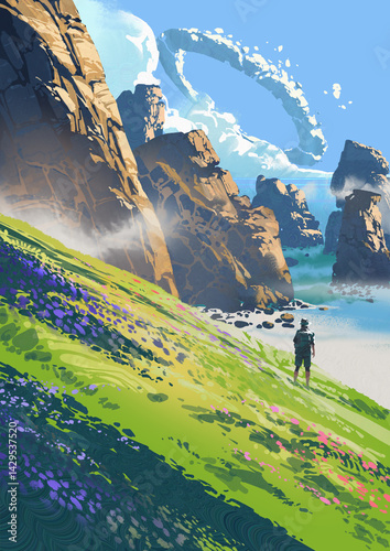 Canvas Print A traveler looks out over rocky sea cliffs and a vibrant hillside covered in flo