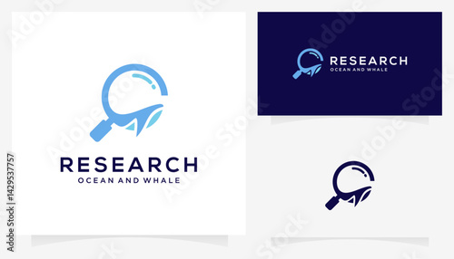 Abstract combined whale with magnifying glass logo design ideas. Creative vector research based icon template.