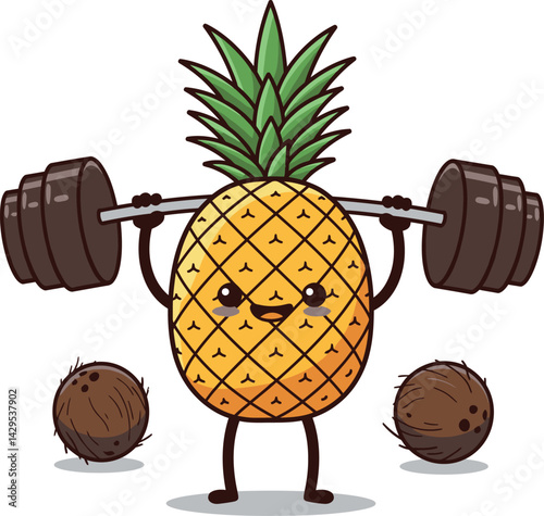 Pineapple lifting barbell with coconuts fitness healthy fruit cartoon vector illustration 