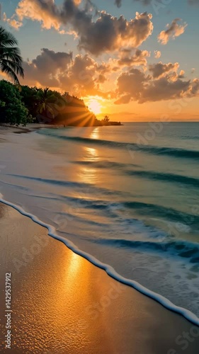 Serene coastal video captures a beach at sunset with a golden sky reflected on the gentle waves