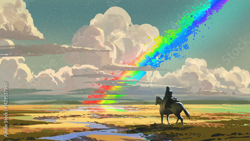 A rider on horseback observes a surreal sky where a fragmented rainbow bursts through dramatic clouds above a glowing golden plain, digital art style, illustration painting