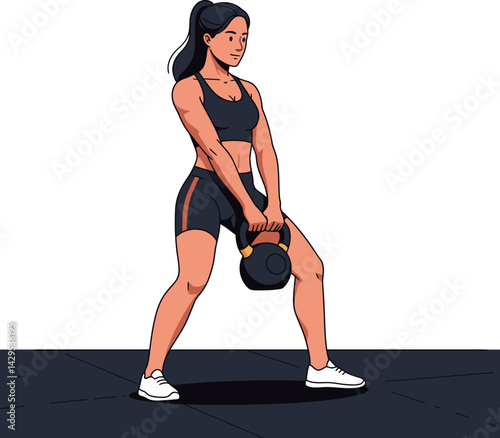 Woman exercising with kettlebell weight training workout fitness routine vector illustration 