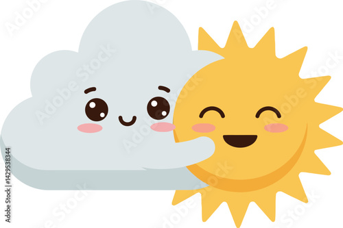 Cute smiling sun and cloud vector illustration with happy faces in friendly style 