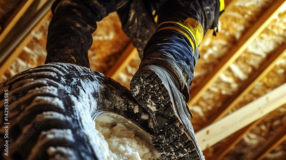 Worker Installing Insulation in Attic Worker Installing Insulation in Attic