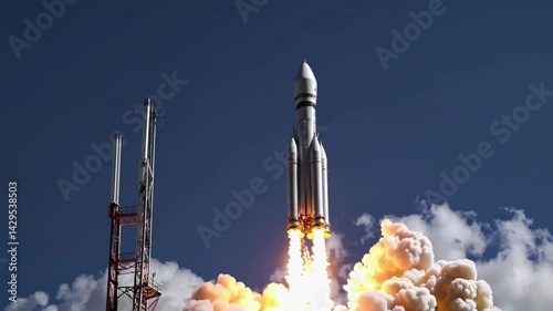 Powerful rocket launch against blue sky and clouds capturing liftoff with vibrant flames and smoke